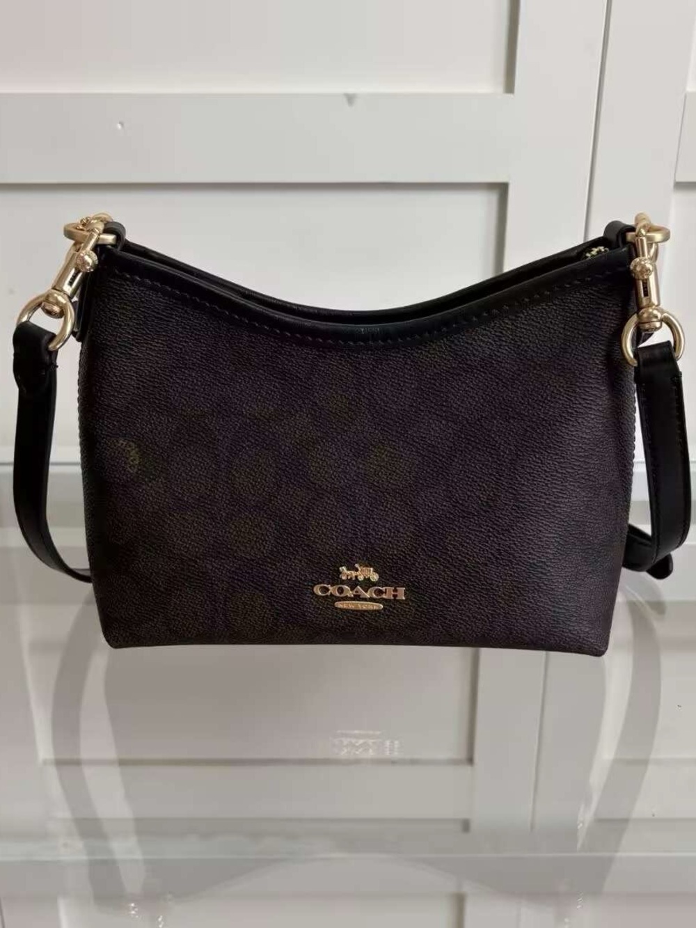 Coach Dark Brown/Black Signature Small Crossbody with Gold Hardware